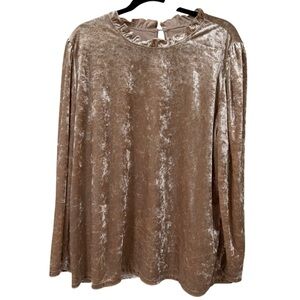 Plus size 3XL crushed velvet ruffle neck long sleeve blouse soft taupe/champagne